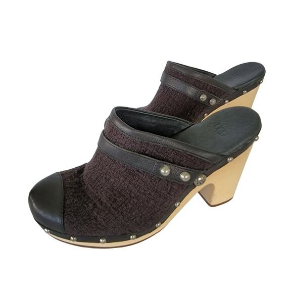 UGG Textile and Leather Slip On Wooden Heel Clogs Womens Size 9 Black - Picture 15 of 15